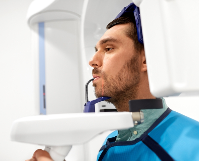 Patient receiving 3 D cone beam imaging