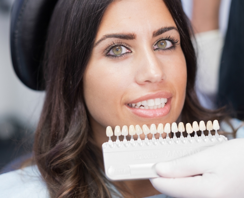 Woman's smile compared with porcelain veneer shade chart