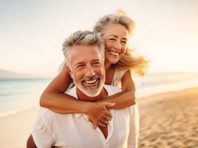 a mature couple smiling and spending time at the beach